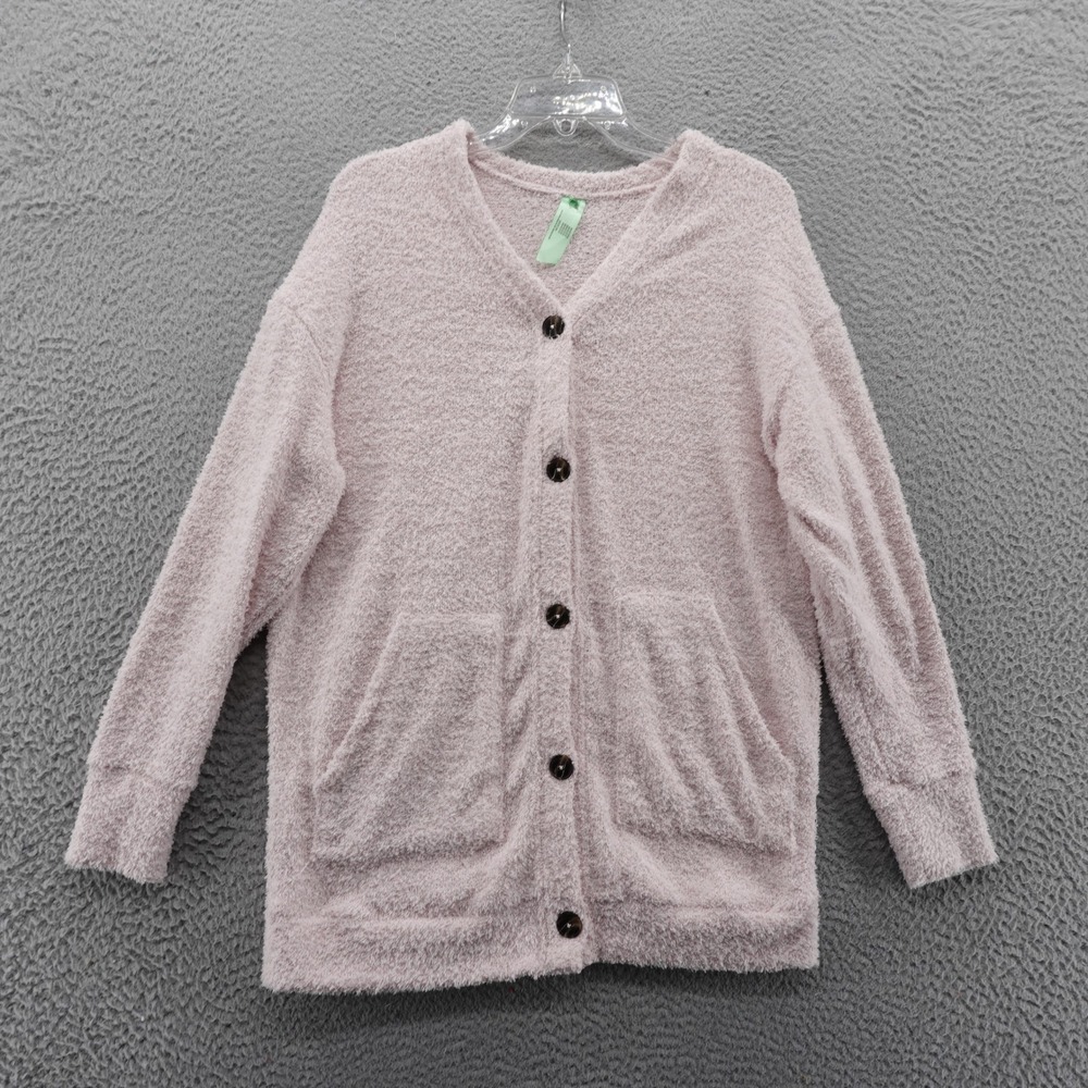 Honeydew Womens XS Pink Fuzzy Cardigan Sweater Button Front Pocket Oversized NEW